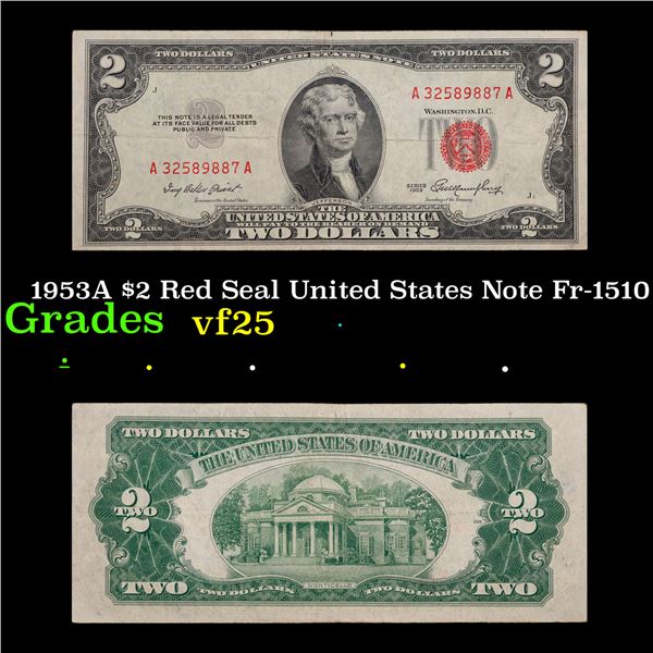 1953A $2 Red Seal United States Note Fr-1510 Grades vf+