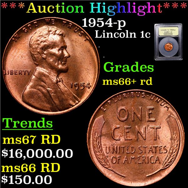 ***Auction Highlight*** 1954-p Lincoln Cent 1c Graded GEM++ RD BY USCG (fc)