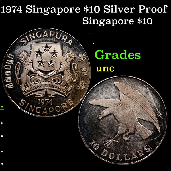1974 Singapore $10 Silver Proof Grades Brilliant Uncirculated