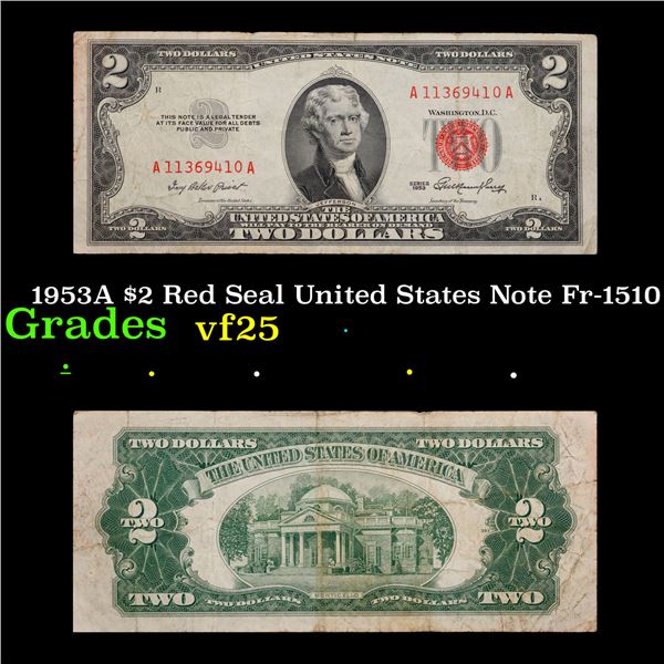 1953A $2 Red Seal United States Note Fr-1510 Grades vf+