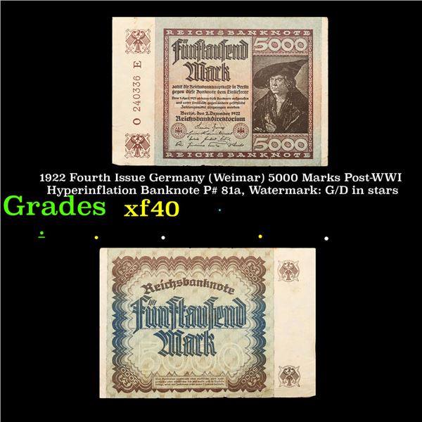 1922 Fourth Issue Germany (Weimar) 5000 Marks Post-WWI Hyperinflation Banknote P# 81a, Watermark: G/