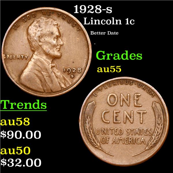 1928-s Lincoln Cent 1c Grades Choice AU