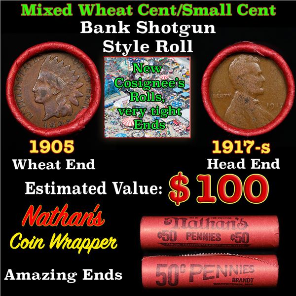 Mixed small cents 1c orig shotgun roll, 1917-s Lincoln Cent, 1905 Indian Cent other end, Nathan's Br