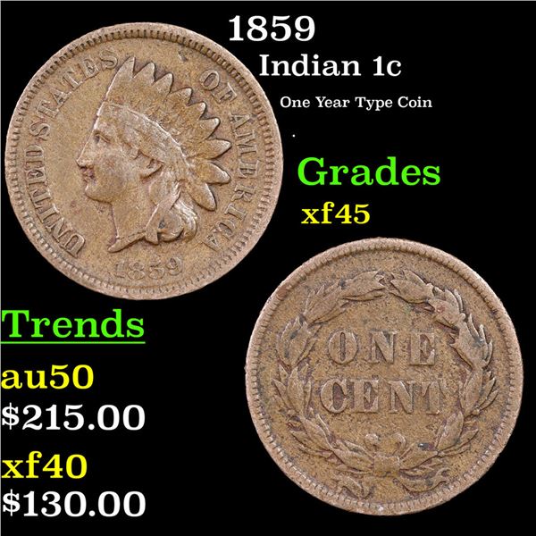 1859 Indian Cent 1c Grades xf+