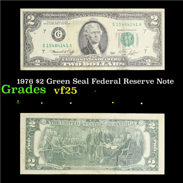 1976 $2 Green Seal Federal Reserve Note Grades vf+