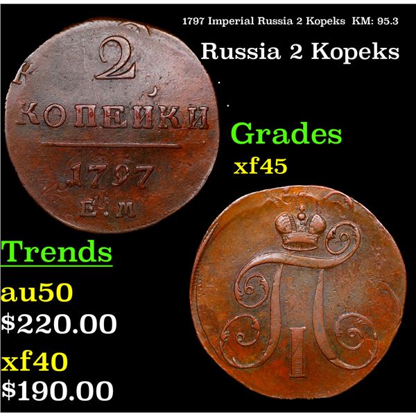 1797 Imperial Russia 2 Kopeks  KM: 95.3 Grades xf+