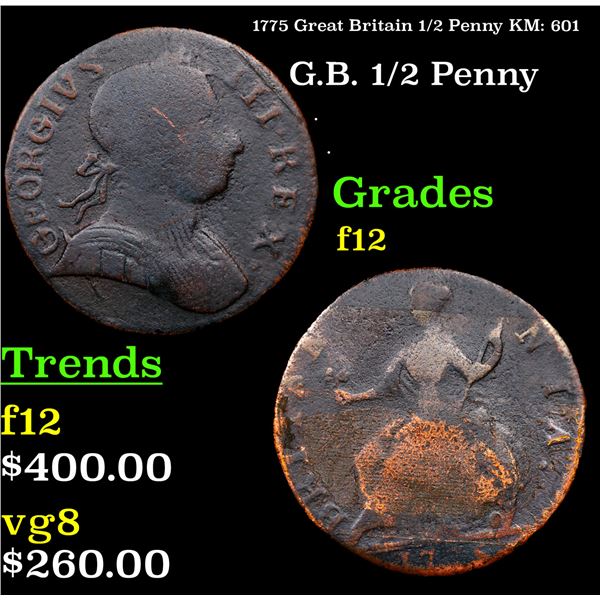 1775 Great Britain 1/2 Penny KM: 601 Grades f, fine