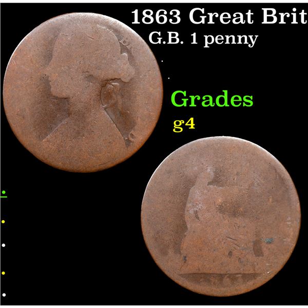 1863 Great Britain 1 Penny  KM: 749.2 Grades g, good