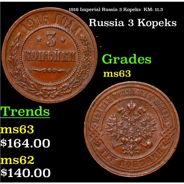 1916 Imperial Russia 3 Kopeks  KM: 11.3 Grades Select Unc
