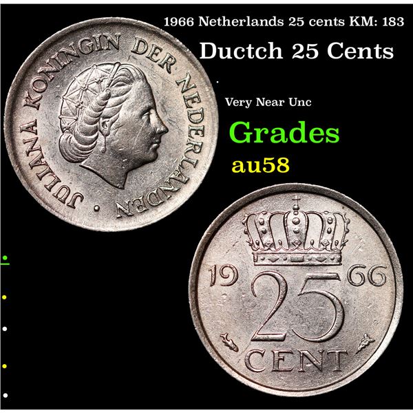1966 Netherlands 25 cents KM: 183 Grades Choice AU/BU Slider