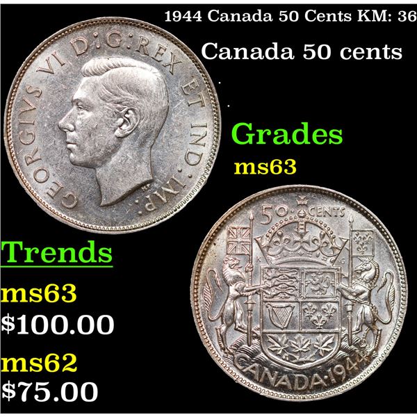 1944 Canada 50 Cents KM: 36 Grades Select Unc