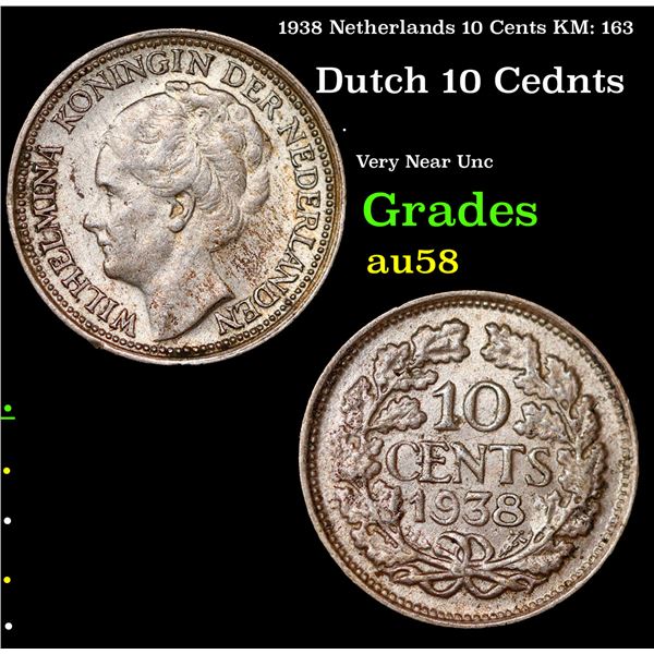 1938 Netherlands 10 Cents KM: 163 Grades Choice AU/BU Slider