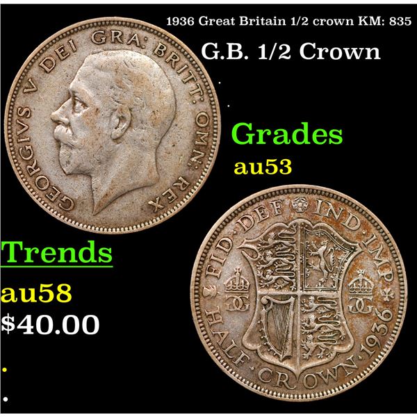 1936 Great Britain 1/2 crown KM: 835 Grades Select AU