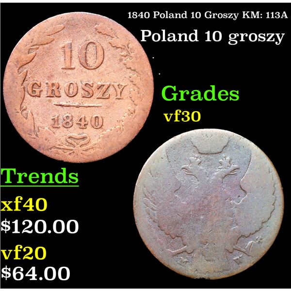 1840 Poland 10 Groszy KM: 113A Grades vf++