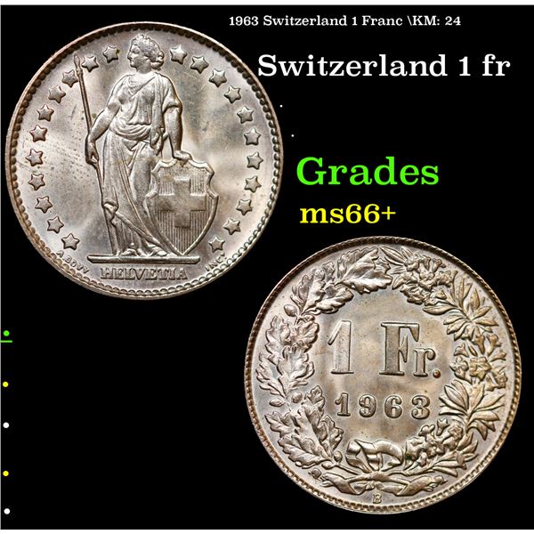 1963 Switzerland 1 Franc  KM: 24 Grades GEM++ Unc