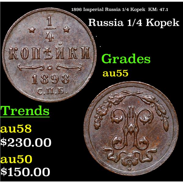 1896 Imperial Russia 1/4 Kopek  KM: 47.1 Grades Choice AU