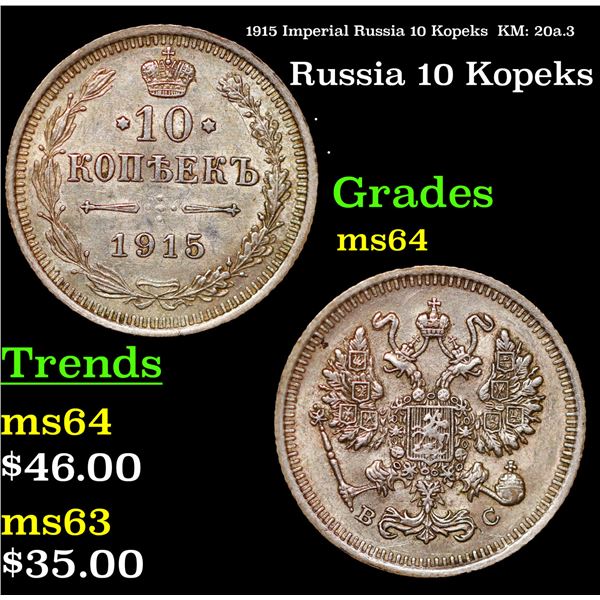 1915 Imperial Russia 10 Kopeks  KM: 20a.3 Grades Choice Unc