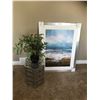 Image 2 : Decorative Metal Plant Stand, Silk Plant & Framed Ocean Picture