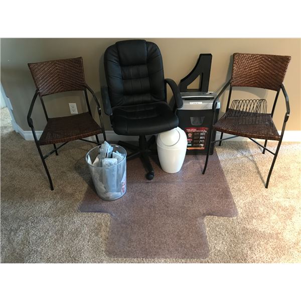 Black Computer Chair on Castors, 2 Woven Chairs, Paper Shredder, File Holders,  Wastepaper Bins