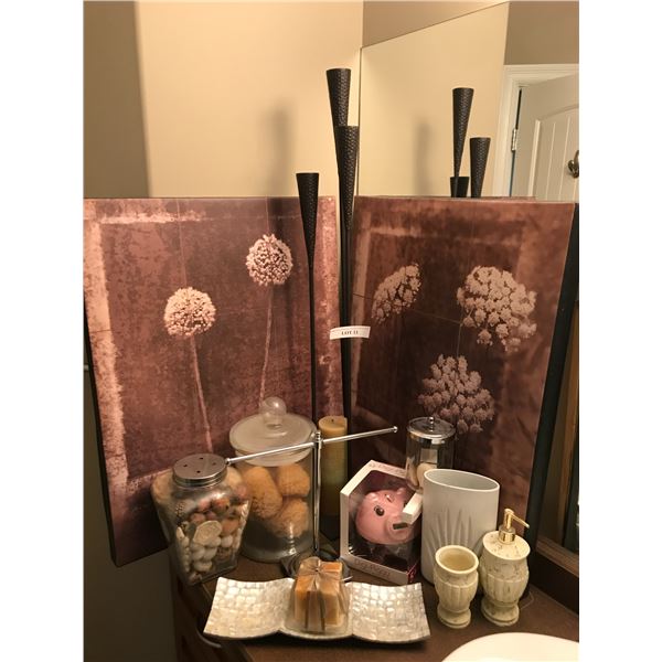 Three Tier Black Metal Tapered Candle Holder , 2 Floral Pictures, Soap Dispenser & Toothbrush Holder
