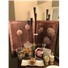 Image 1 : Three Tier Black Metal Tapered Candle Holder , 2 Floral Pictures, Soap Dispenser & Toothbrush Holder