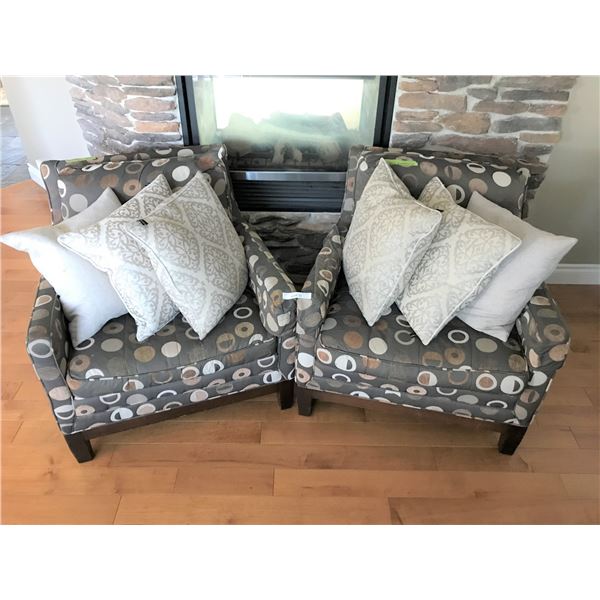 Pair of Matching Finesse Furniture Grey Upholstered Chairs & 6 Cushions