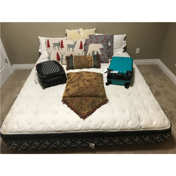 Aqua & Black Carry On Suitcases, Assorted Decorative Pillows & Mattress