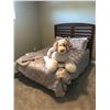 Image 1 : Wood Queen Size Bed, Beautiful Comforter w Matching Pillow, Lg Stuffed Puppy & Mattress