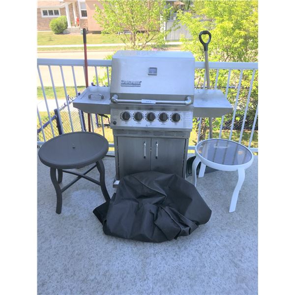 Ducane Stainless Gas BBQ, Black & White Outdoor Tables w Broom & Shovel