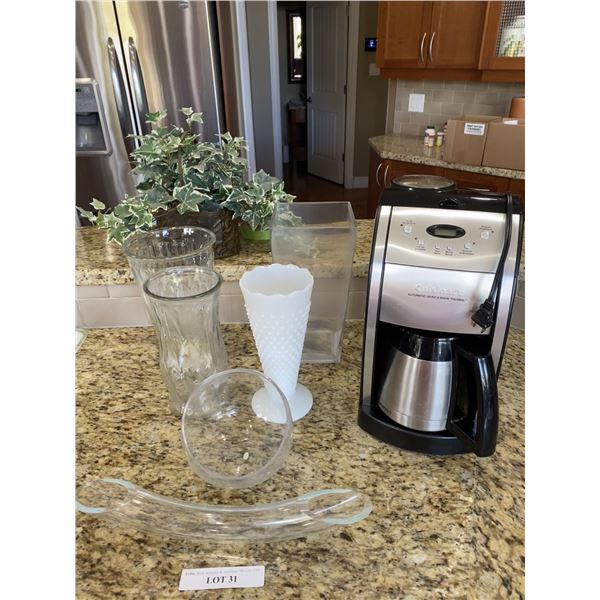 Cuisinart Coffee Maker, Fenton Milk Glass Vase & asst Glass Vases