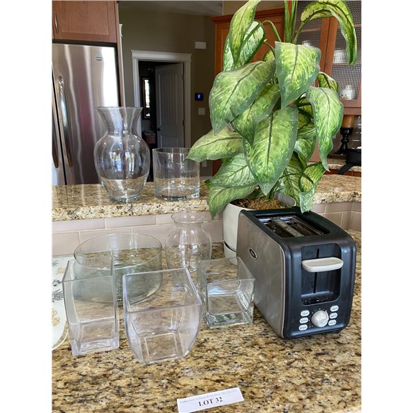 Silk Plant, Oster Toaster, Variety of Glass Bowls & Vases