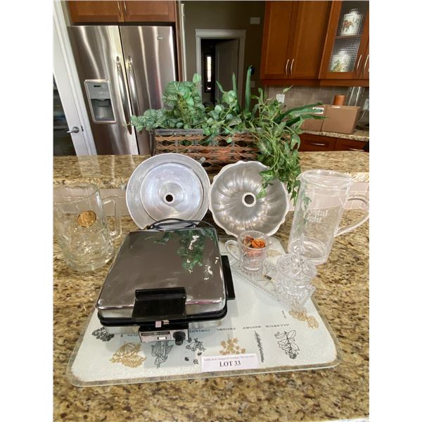 General Electric Waffle Baker, Glass Mug, Pitcher, Cream & Sugar, Bundt Cake Pan, Glass Cutting Boar