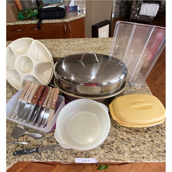 Wooden Handle Steak Knives, Condiment Bowl, Roasting Pan w Lid, 2 Tupperware Bowls, Utensil Drawer H