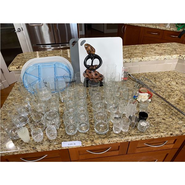 African Figurine, Cutting Boards, Tupperware Container, Lg Asst of Glasses, Ceramic Santa Mug, Shot 