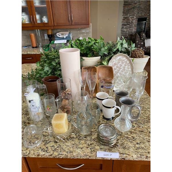 Wood Condiment Dish, Glass Coasters, Ceramic Mugs, Pewter Horn Mugs, Asst Glasses, Candles & Candle 