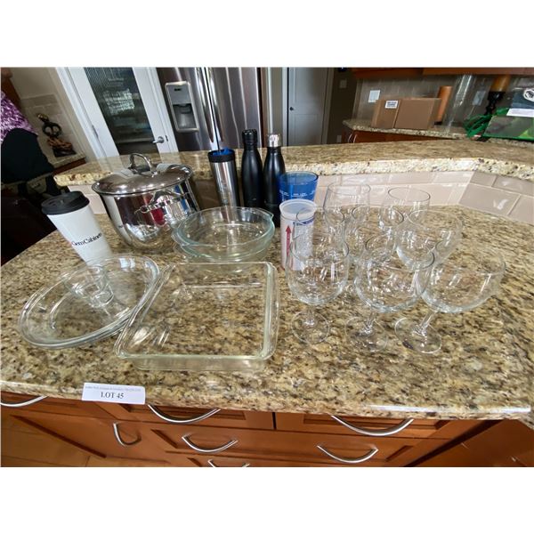 Variety of Glass Baking Dishes, Wine Glasses, Measuring Cups, Travelling Coffee Mug, Water Bottles &