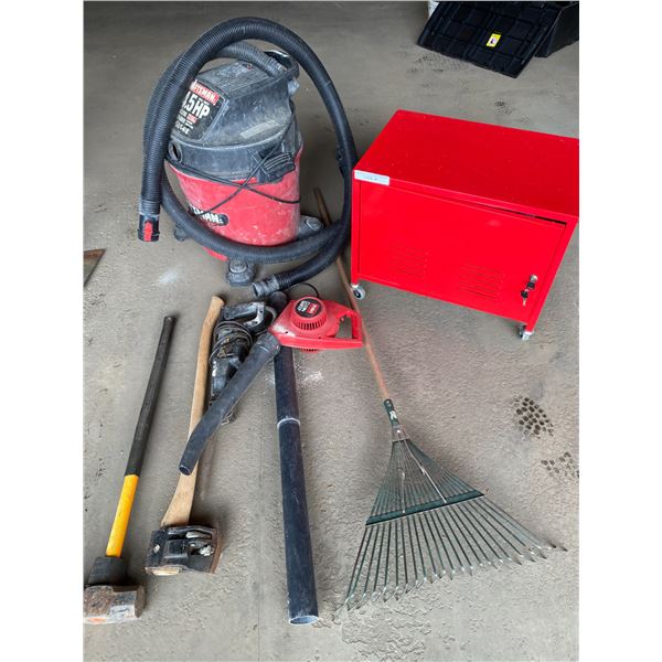 Craftsman Shop Vac, Rake, Toro Clean Sweep, Splitting Maul, Sledge Hammer, Dual Shelf Red Tool Box
