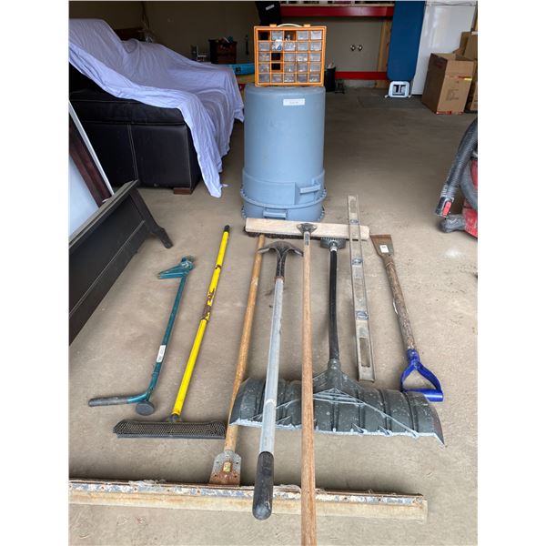 Level, Brooms, Shovels, Weeder, Scraper, Shop Squeegee, Two Blue Garbage Bins, Nut & Bolt Organizer