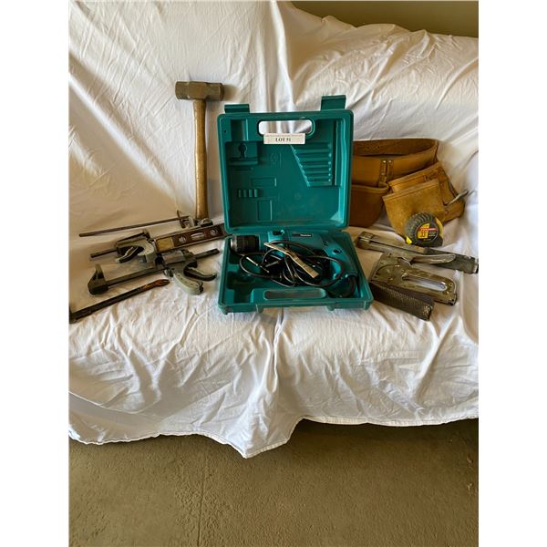 Makita Drill, Level Sledge Hammer, Pry Bar, Grip Clamps, Metal Guide, Staplers, Tape Measure, Hand P