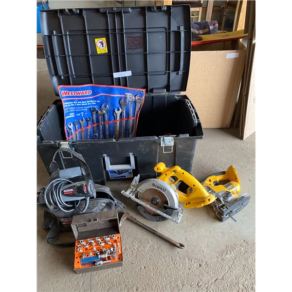 Dewalt Circl Saw, Dremel Rotary Saw, Black Toolbox, Wrenches, Carabiner, Screwdriver, Router Bits, D