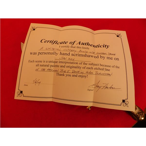 Hand Scrimshawed Big 5 Stag handled Bowie knife with Certificate by artist Gary Harbour Donated by: 