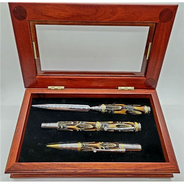 LA F54 3 Piece Pheasant Feather Rollerball, Ballpoint Twist and Letter Opener Set