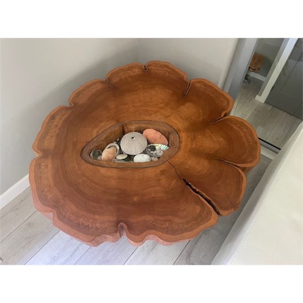 Cedar Round Live Edge Table with custom Travis Rankin Art Base (20" x 36") Shells in centre not incl