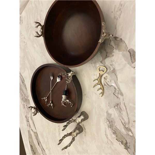 Antler Hostess Gifts: wooden tray and bowl set with antler handles, antler spoon and fork serving pi