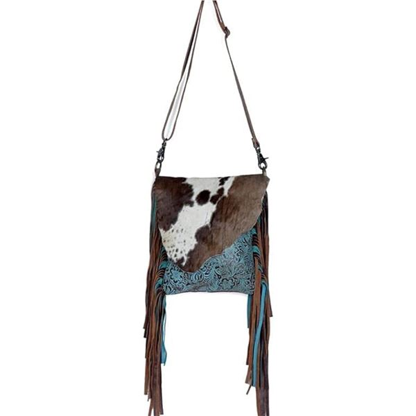 Concealed carry cow hide and tooled leather purse with fringe.    Louis Vuitton logo pendant, earrin