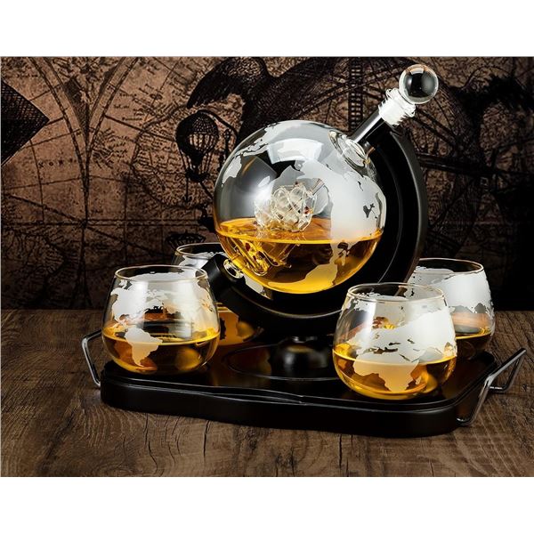 Whiskey Decanter Globe Set with ship handblown inside globe.  4 Etched Whiskey Glasses, 4 Ice Cubes,