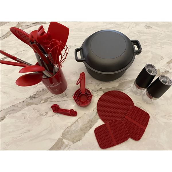 Double Use Dutch Oven With Grip Pads, 33 Piece Silicone Utensils and  Electric Gravity Salt & Pepper