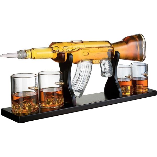 Limited Edition Rifle Decanter With 4 Bullet Glasses and Mohogany Wooden Base