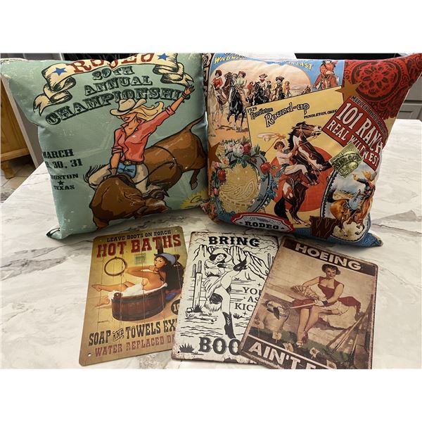 Vintage cowgirl décor, metal signs and throw pillows
