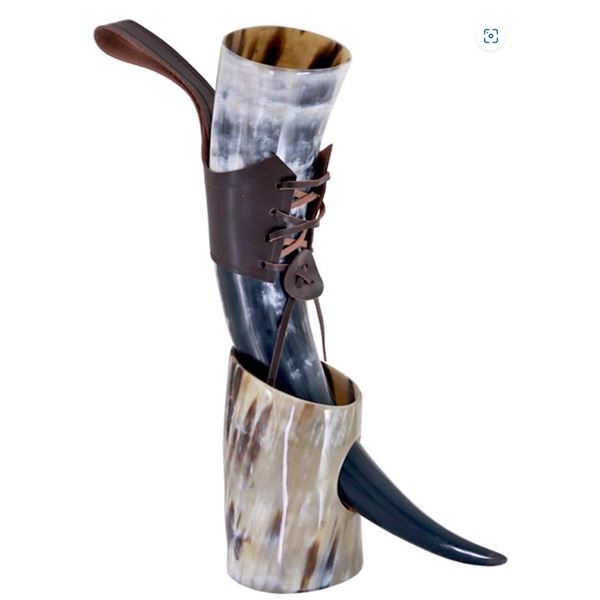 Set of 2 authentic viking horn mugs with leather case holder and stand
